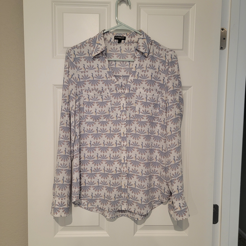 Express Blue and White Peacock Pattern Blouse